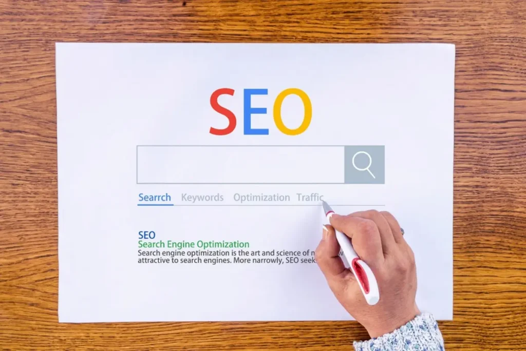 Ilustrácia SEO optimalizácie s vyhľadávacím poľom a rukou držiacou pero.