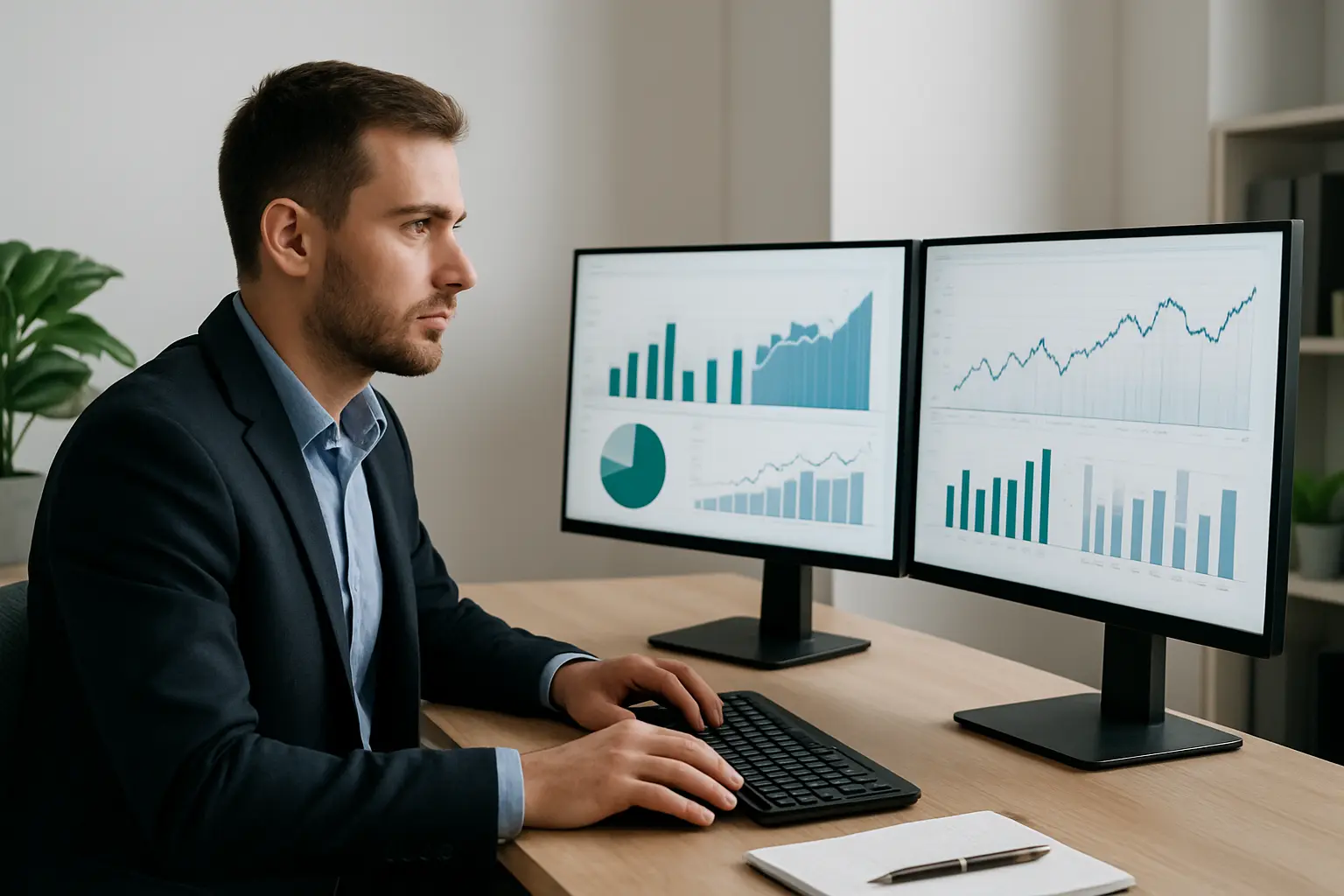 Analýza KPI v marketingu Marketingový špecialista analyzujúci stanovenie a meranie KPI na viacerých obrazovkách