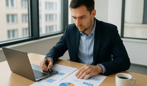 Digital marketing analyst analyzujúci marketingové dáta a grafy v slovenskej kancelárii