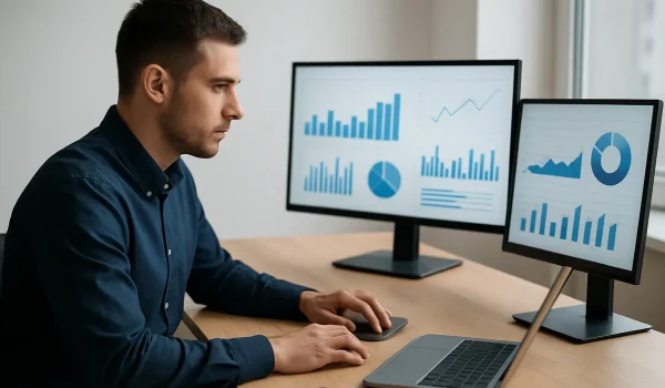 Digitálny marketingový špecialista analyzujúci dáta kampaní v modernej kancelárii
